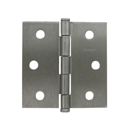 Bisagra de puerta níquel satinado con esquinas cuadradas y 6 orificios de fijación, marca Ferky.