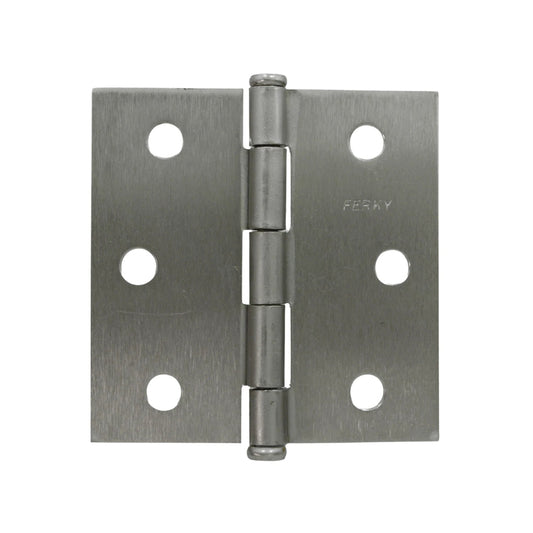 Bisagra de puerta níquel satinado con esquinas cuadradas y 6 orificios de fijación, marca Ferky.
