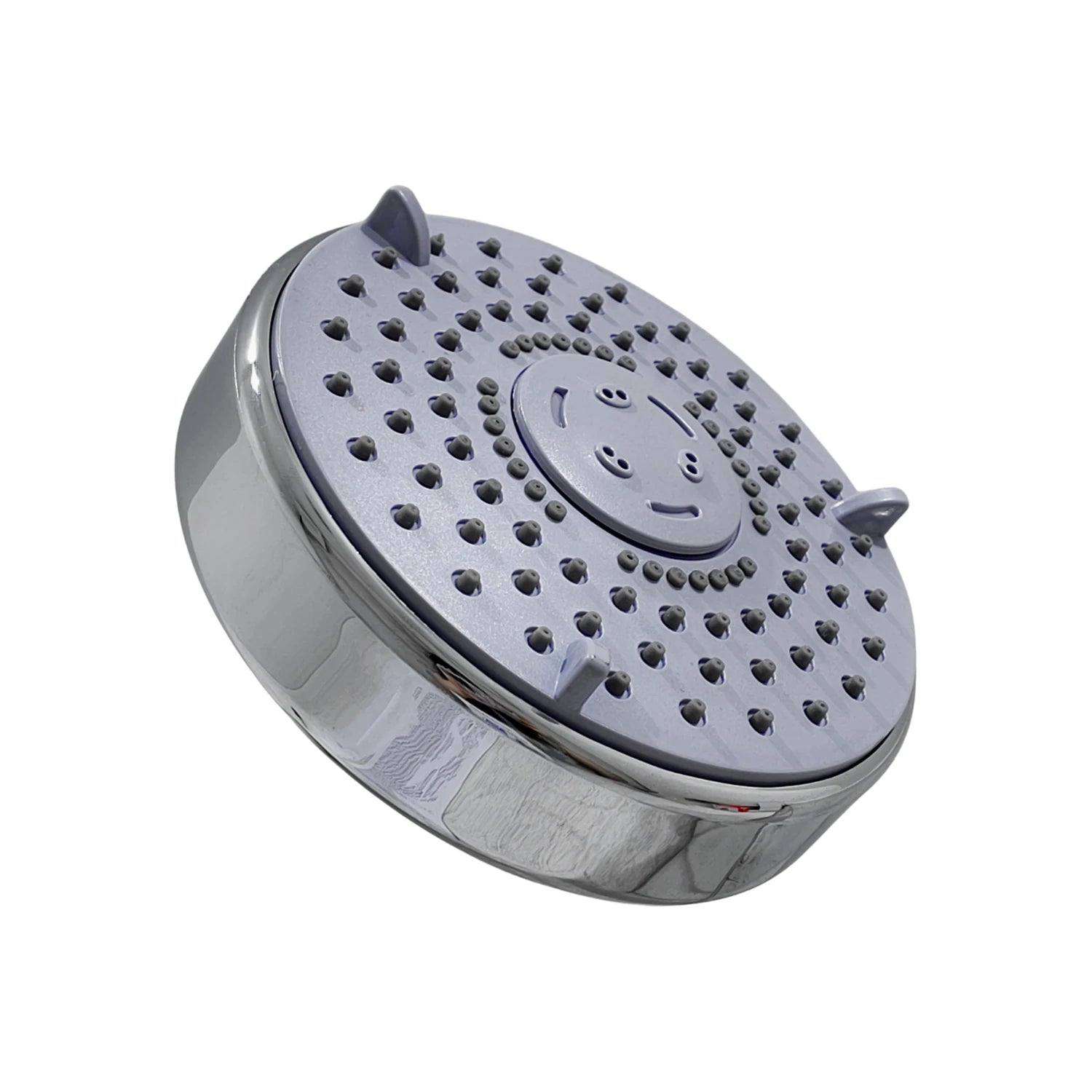 Regadera de ducha redonda con 5 funciones, acabado cromado y panel gris con boquillas antical.