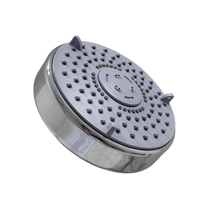 Regadera de ducha redonda con 5 funciones, acabado cromado y panel gris con boquillas antical.