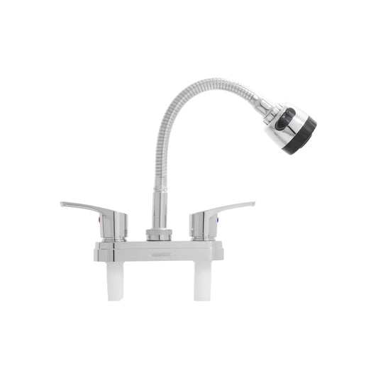 Mezcladora para fregadero Genflux cromada con cuello flexible y doble maneral para cocina.