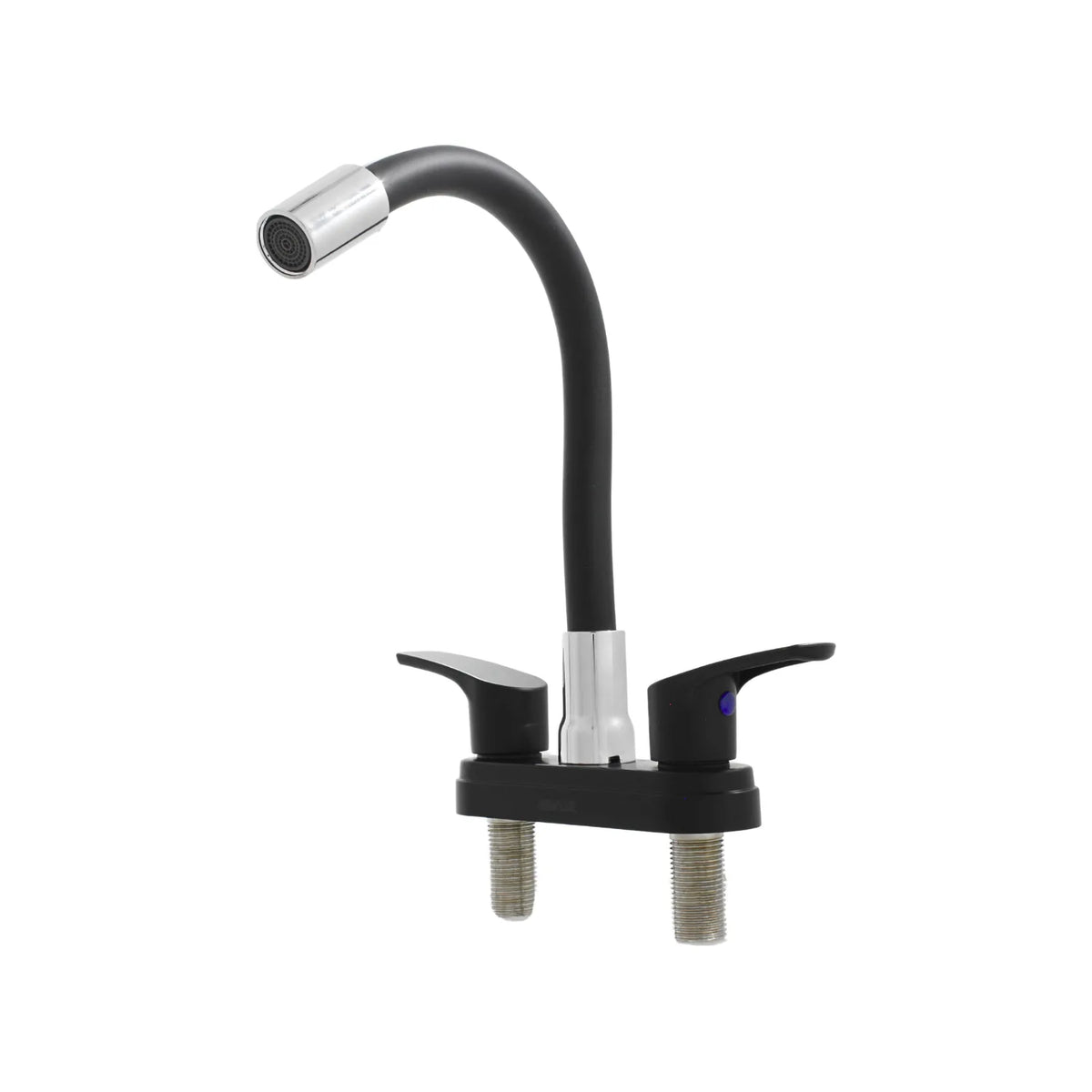 Mezcladora de cocina con cuello flexible negro y doble manija acabado cromo para fregadero