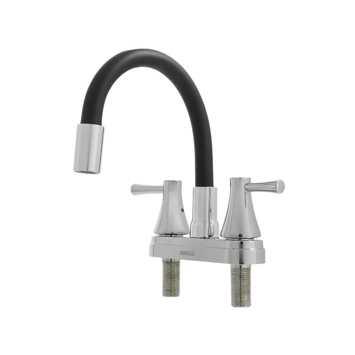 Mezcladora Genflux para lavaplatos con cuello flexible negro y doble manilla en acabado cromado.