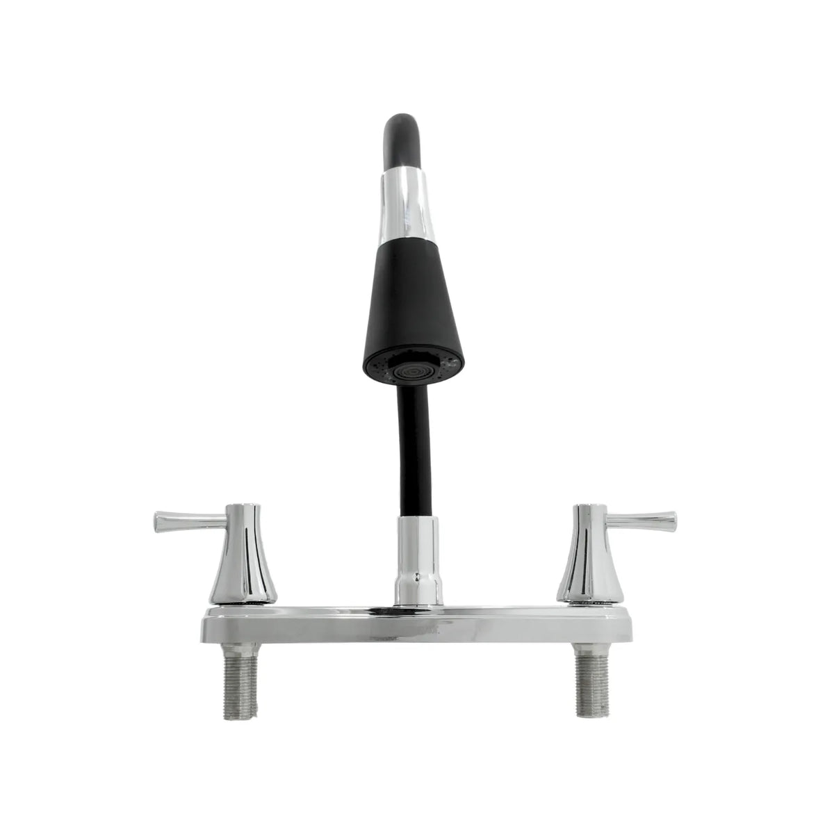 Mezcladora para fregadero con cuello flexible negro y doble maneral de palanca con acabado cromado para cocina.