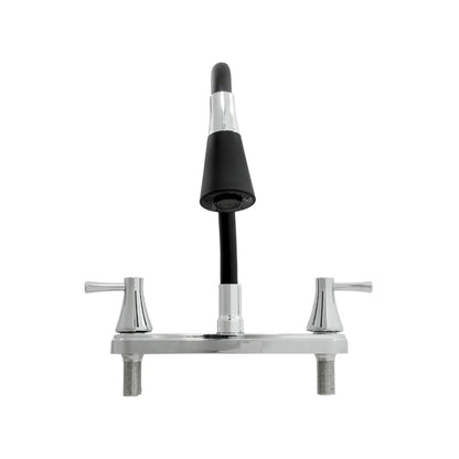 Mezcladora para fregadero con cuello flexible negro y doble maneral de palanca con acabado cromado para cocina.