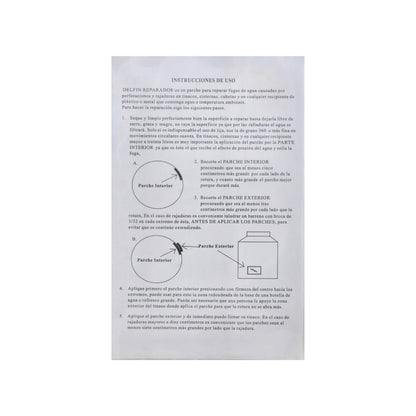 Instrucciones de aplicación del parche Delfín para sellar fugas de agua en tinacos y cisternas, incluye diagramas.