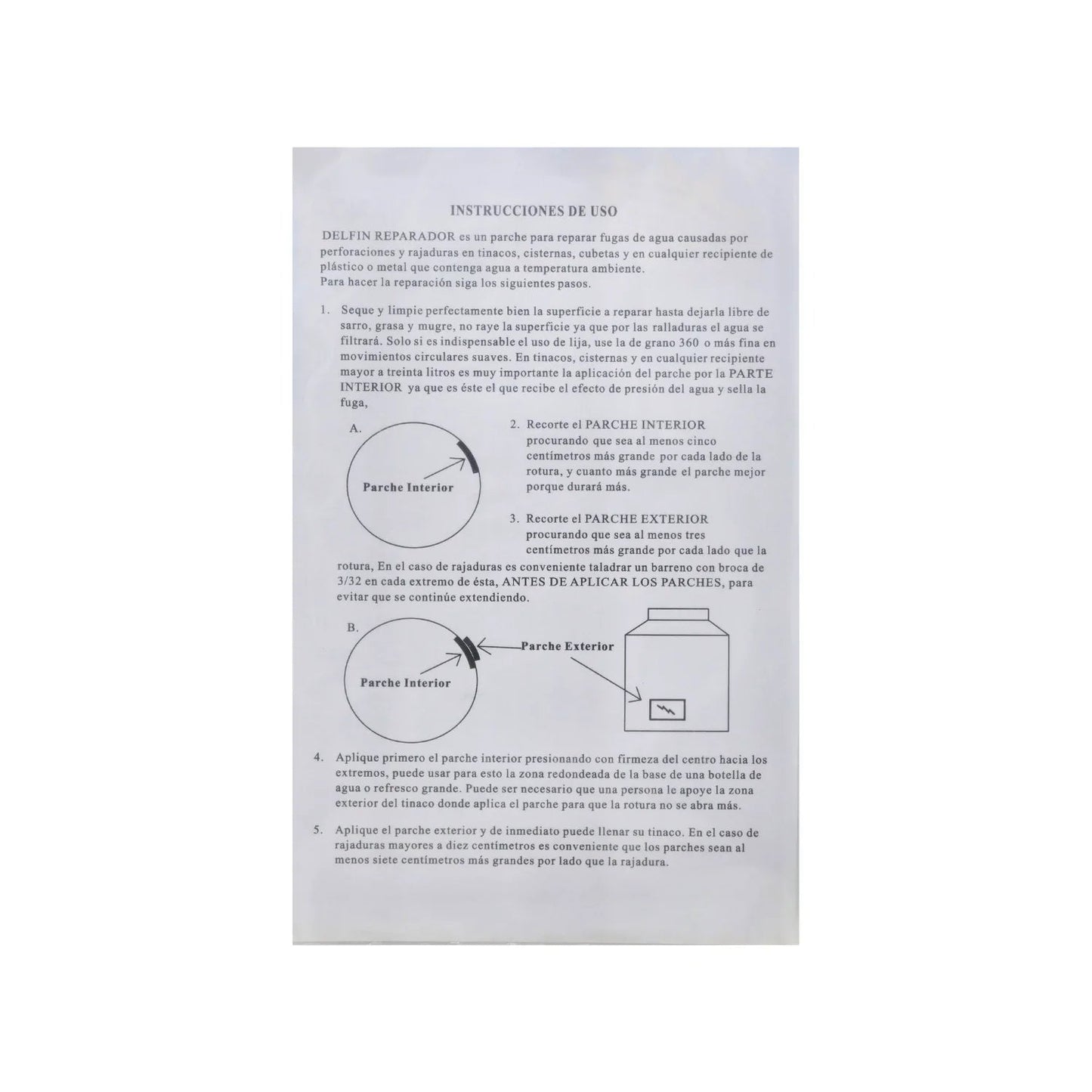 Instrucciones detalladas de uso para parche reparador Delfín, explicando aplicación en tinacos para fugas y grietas.