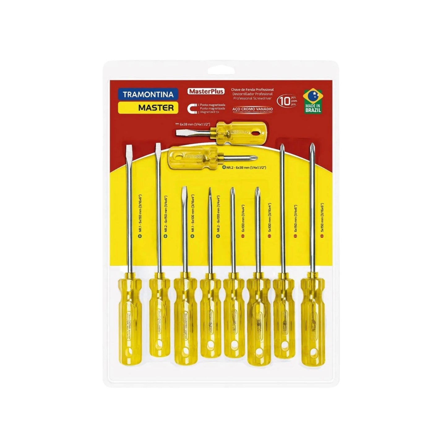 Juego de 10 desarmadores Tramontina Master, puntas Phillips y planas magnetizadas, mango amarillo, acero cromo vanadio.