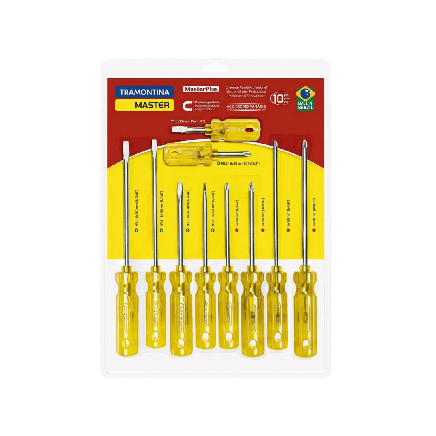 Juego de 10 desarmadores Tramontina Master, puntas Phillips y planas magnetizadas, mango amarillo, acero cromo vanadio.