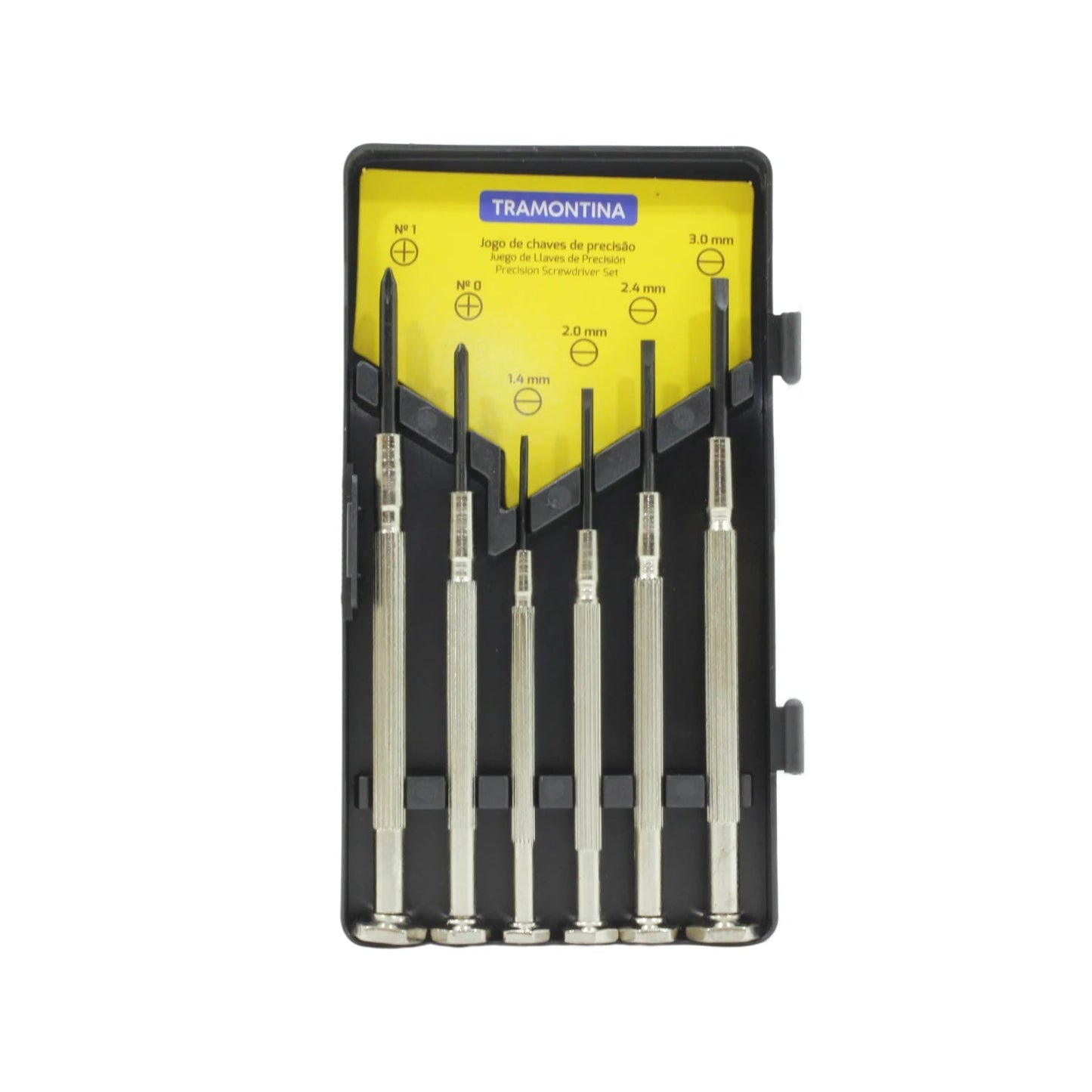 Juego desarmadores de precisión Tramontina 6 piezas: Phillips (Nº0, Nº1) y planos (1.4-3.0mm). Herramienta micro.