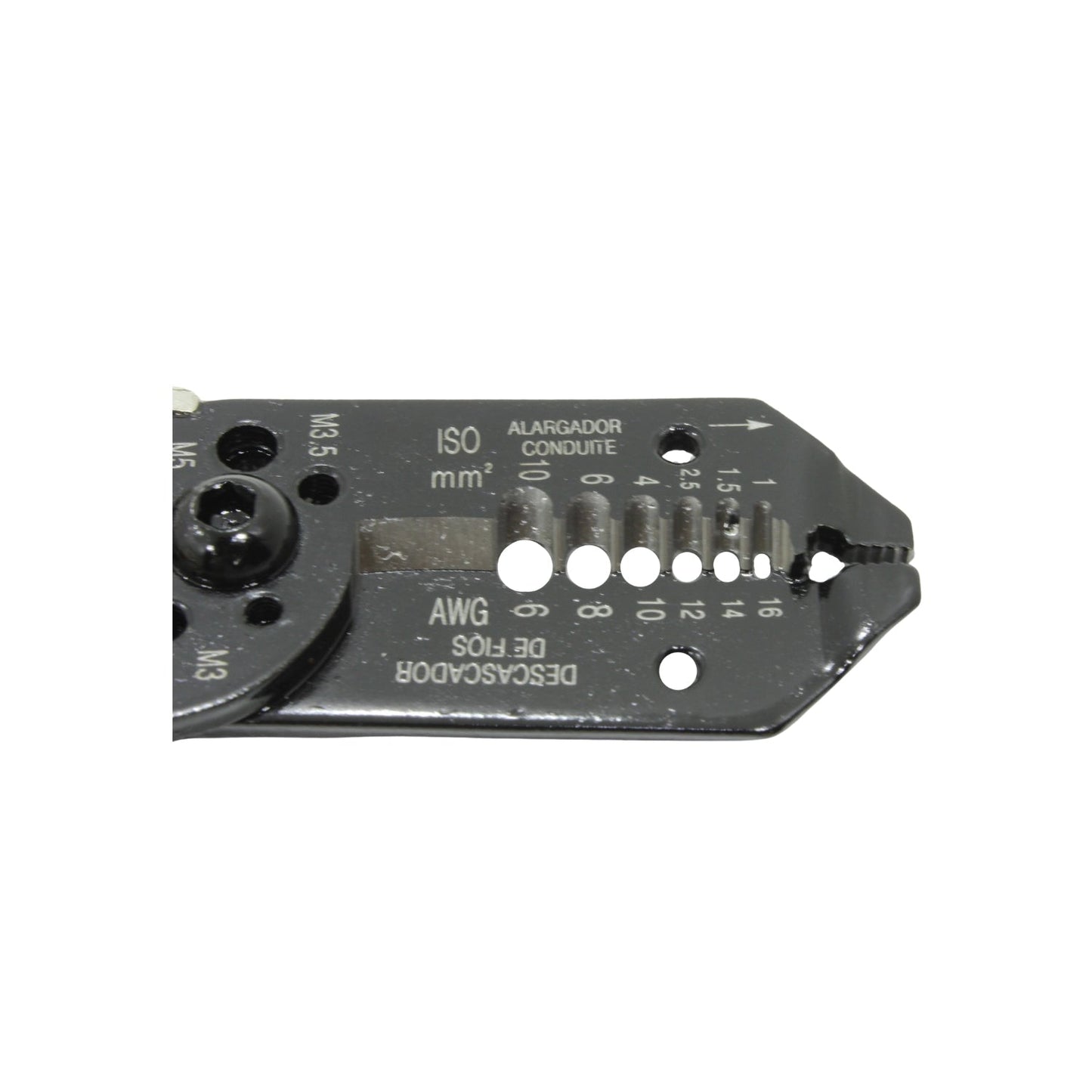 Pinza multiuso negra para electricistas: pelacables, crimpadora y corta tornillos M3-M5, calibres AWG y mm²