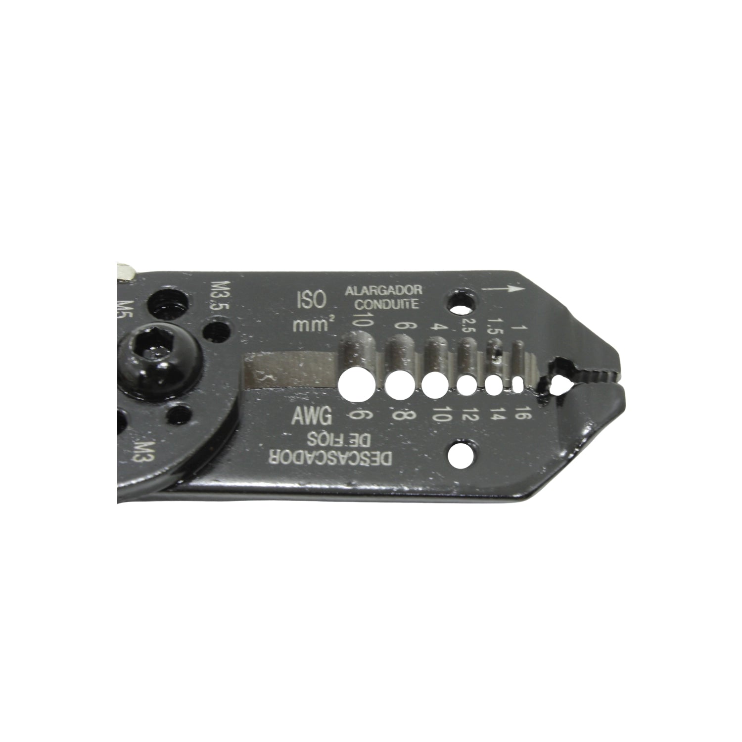 Pinza multiuso negra para electricistas: pelacables, crimpadora y corta tornillos M3-M5, calibres AWG y mm²