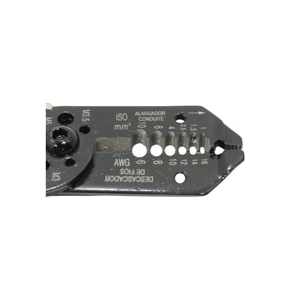 Pinza multiuso negra para electricistas: pelacables, crimpadora y corta tornillos M3-M5, calibres AWG y mm²