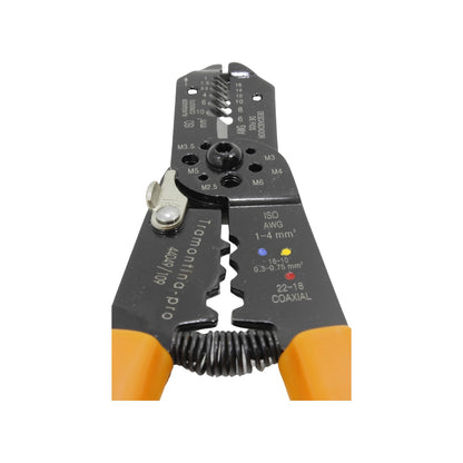 Pinza pelacables y crimpadora Tramontina negra/naranja, con cortacables y cortapernos para trabajos eléctricos.
