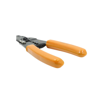 Pinza pelacables ajustable con mangos ergonómicos naranjas, para cortar y pelar cables eléctricos.