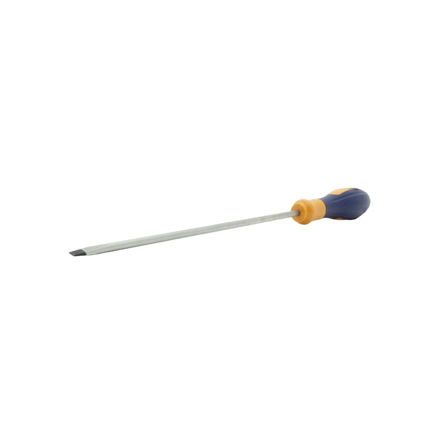 Desarmador plano mango bimaterial azul y amarillo, herramienta manual para tornillos ranurados
