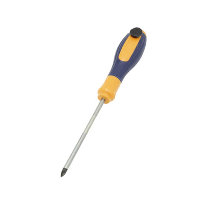 Desarmador de cruz Phillips con mango ergonómico azul y amarillo, herramienta manual para atornillar y desatornillar.