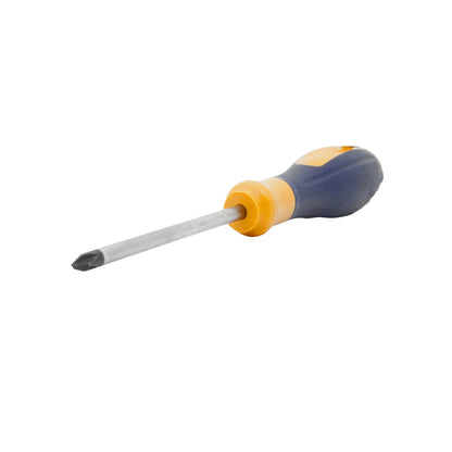 Desarmador de cruz Phillips con mango ergonómico bicolor azul y amarillo, herramienta manual
