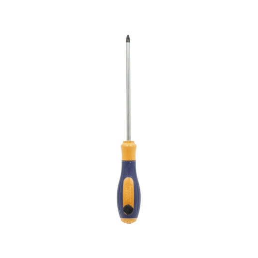 Desarmador de cruz Phillips Tramontina-Pro, con mango ergonómico azul y amarillo.