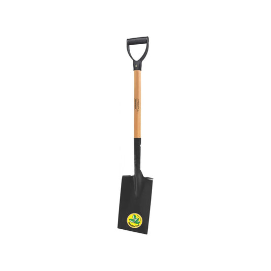 Pala de excavación Tramontina, hoja negra, mango de madera, puño en D de plástico, ideal para jardinería y construcción.