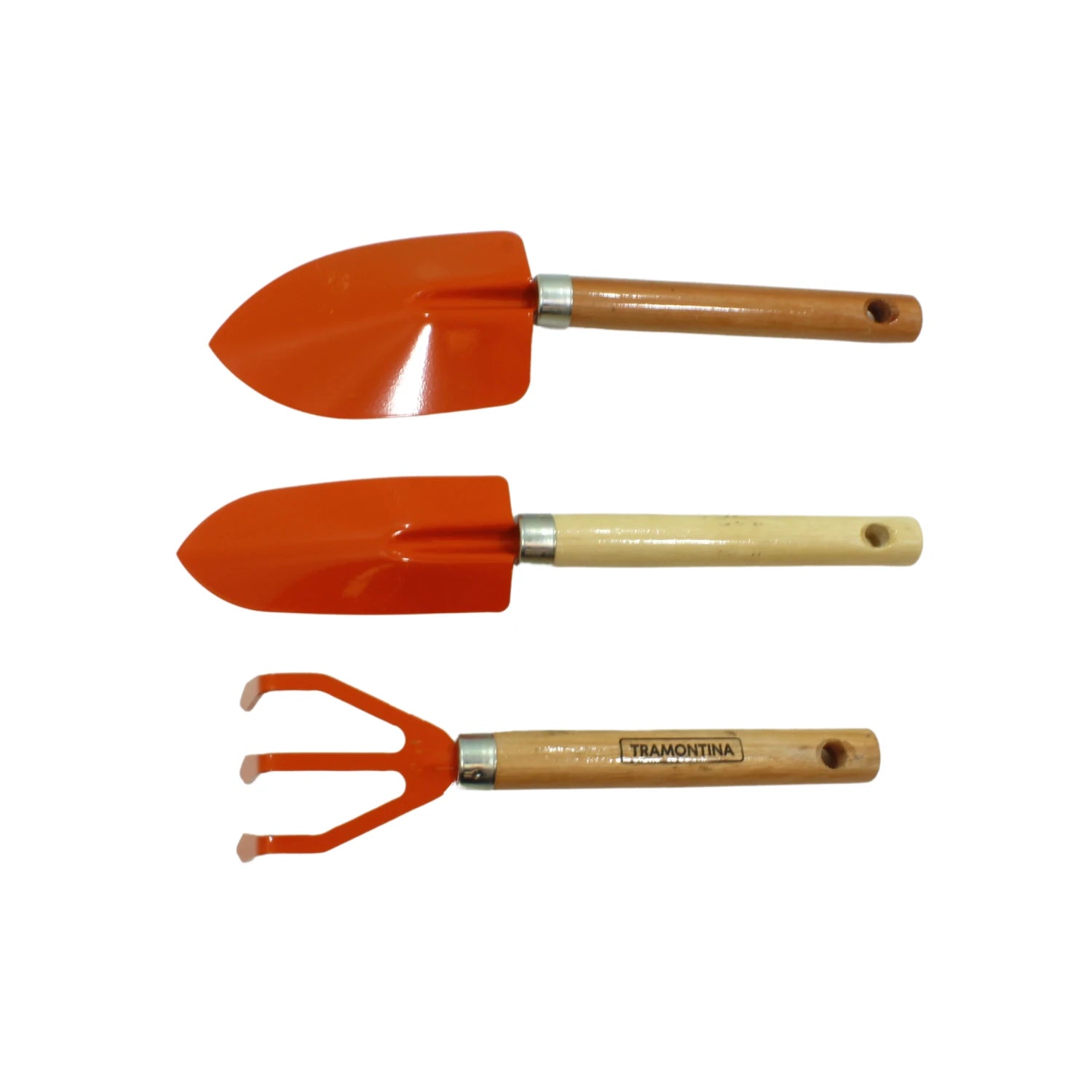 Kit de jardinería Tramontina 3 piezas: 2 palas de mano y 1 cultivador, metal naranja con mangos de madera.