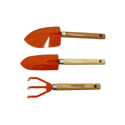 Kit de jardinería Tramontina 3 piezas: 2 palas de mano y 1 cultivador, metal naranja con mangos de madera.