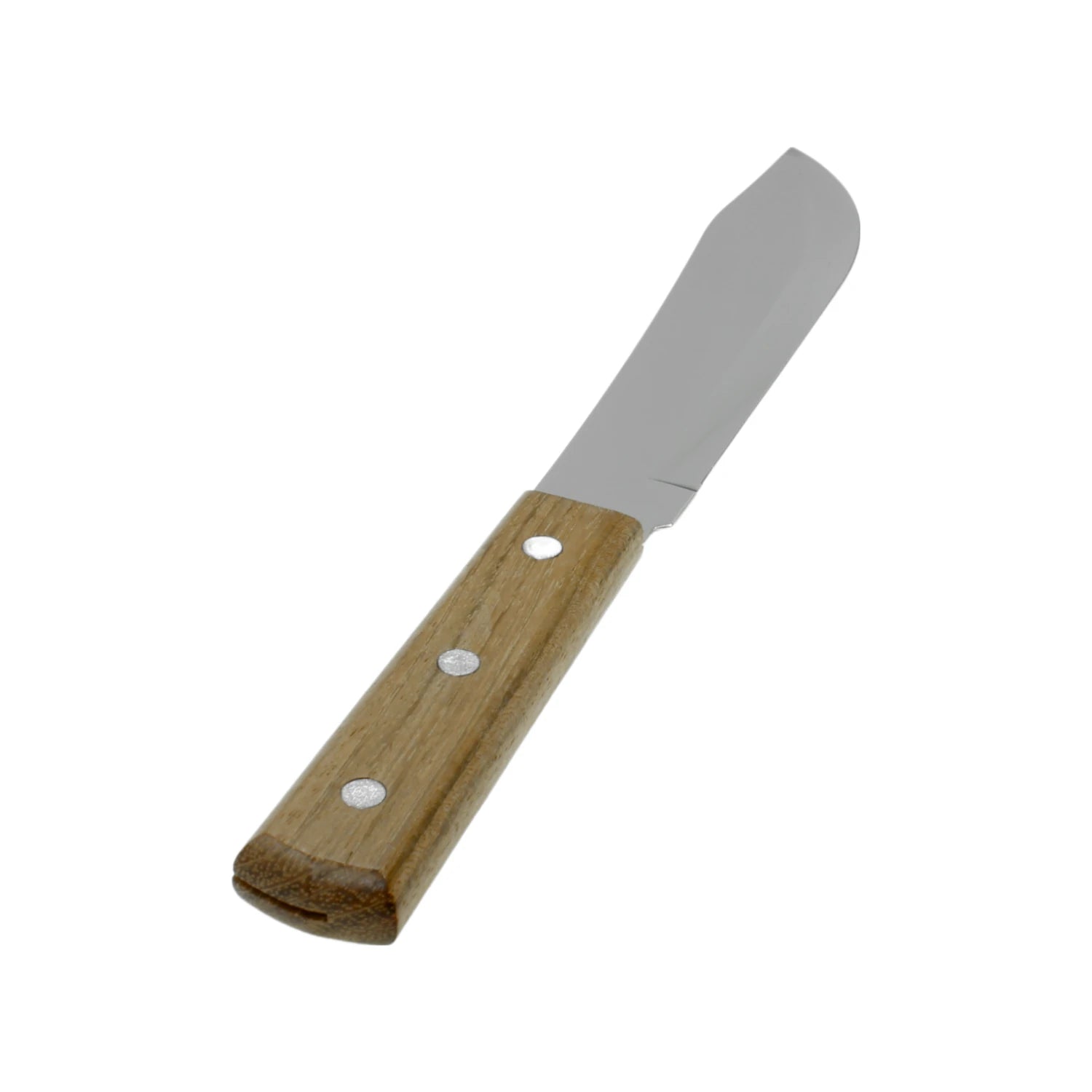 Cuchillo de hoja lisa acero inoxidable, mango de madera con 3 remaches plateados.