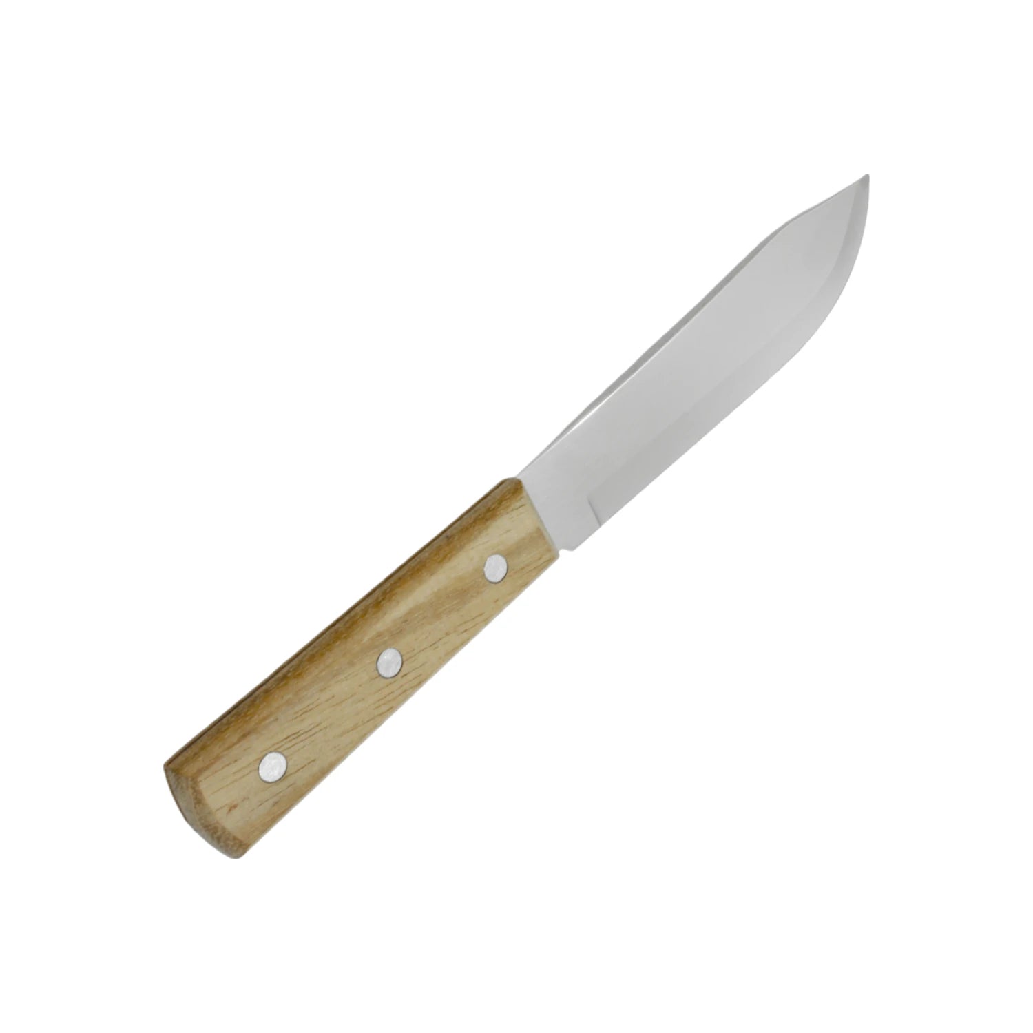Cuchillo utilitario con hoja lisa de acero y mango de madera clara con remaches metálicos.