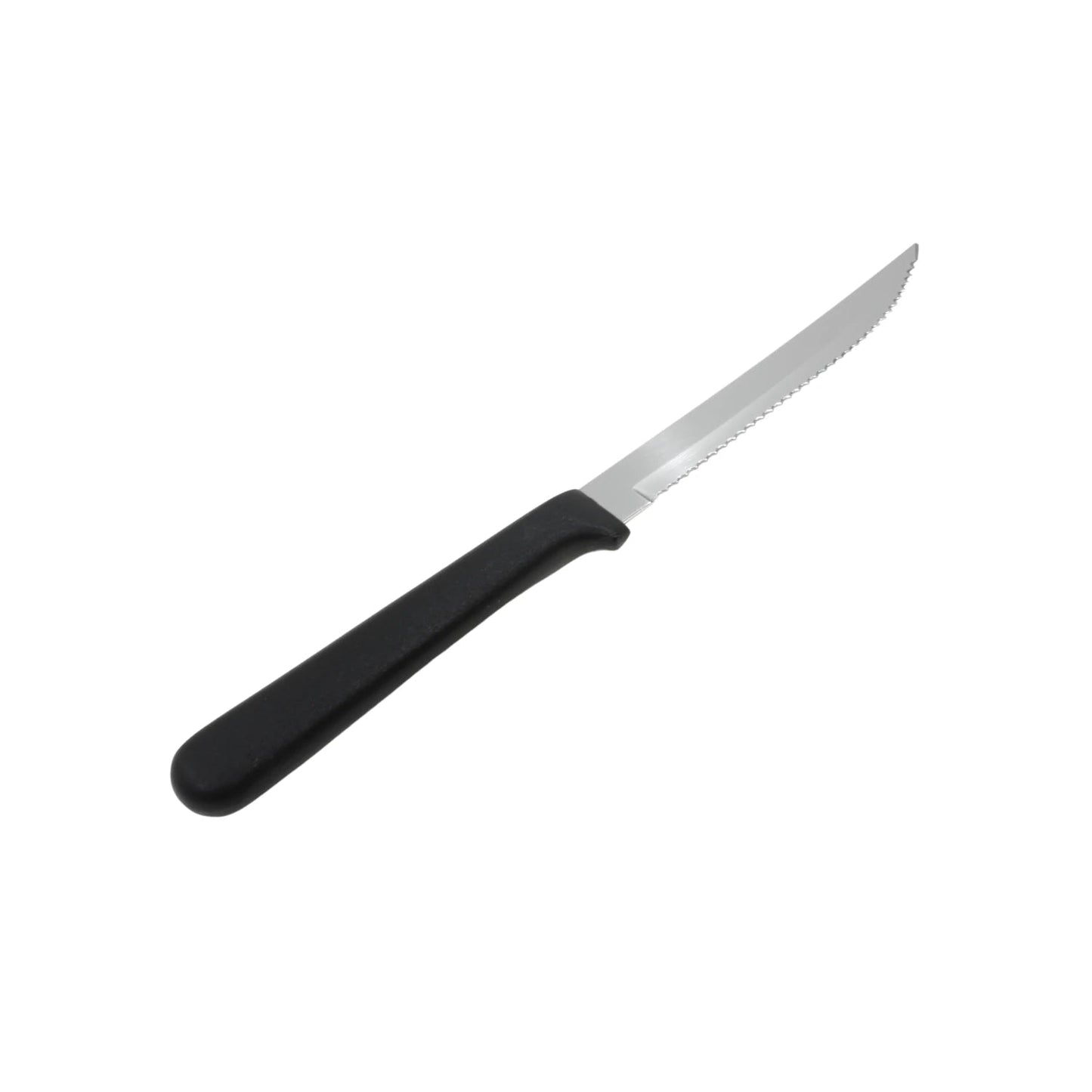 Cuchillo dentado de 5 pulgadas, hoja de acero inoxidable, mango de plástico negro. Herramienta multiusos.