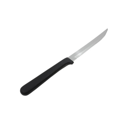 Cuchillo dentado de 5 pulgadas, hoja de acero inoxidable, mango de plástico negro. Herramienta multiusos.