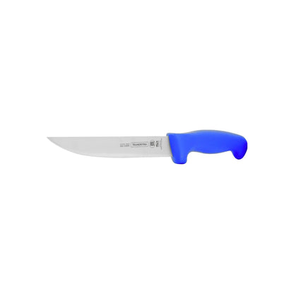 Cuchillo Tramontina 6" liso acero inoxidable, mango azul, para carnicería o cocina profesional.
