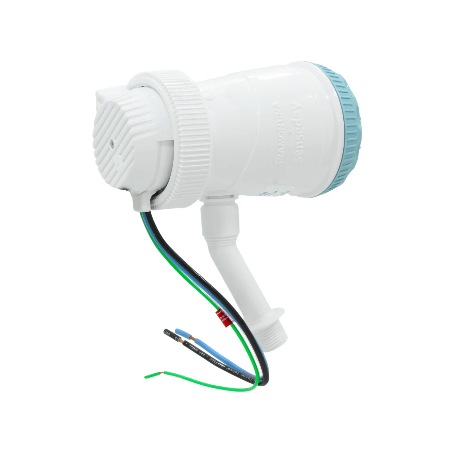 Regadera eléctrica Tramontina Senseday blanca y azul, ducha con 3 temperaturas y conexión de cables.