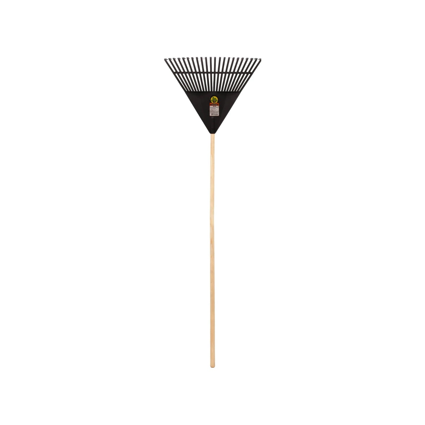 Rastrillo de jardín de plástico negro, mango de madera largo para hojas.