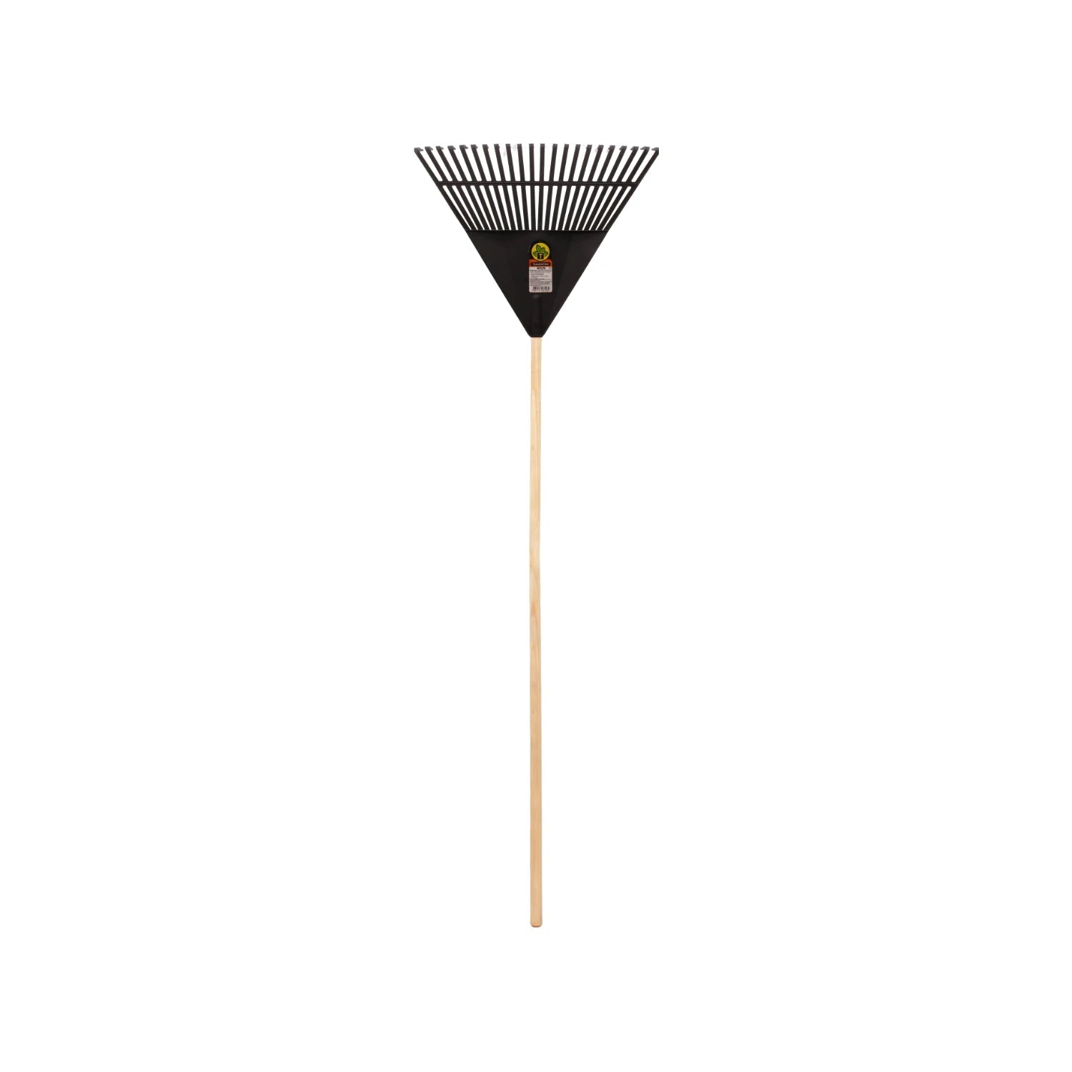Rastrillo de jardín de plástico negro, mango de madera largo para hojas.