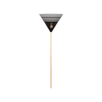 Rastrillo de jardín de plástico negro, mango de madera largo para hojas.