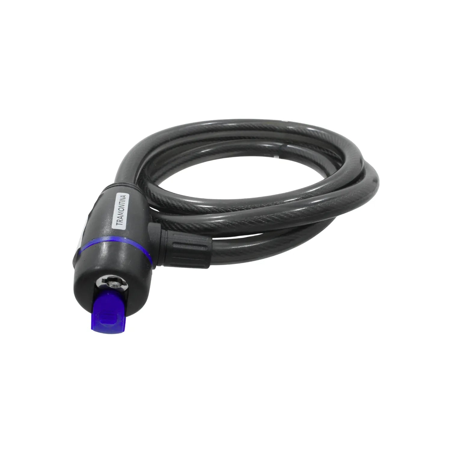 Candado de cable TRAMONTINA enrollado gris oscuro con llave azul, resistente para bicicletas y seguridad.