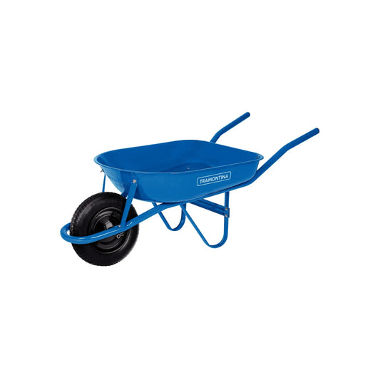 Carretilla de obra azul Tramontina con chapa metálica y rueda neumática para construcción y jardinería.