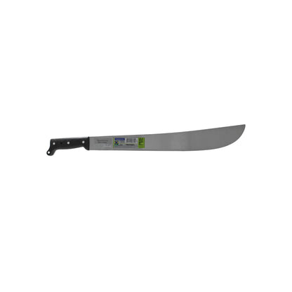 Machete Tramontina con mango de polipropileno negro y hoja de acero para limpieza de maleza y agricultura.