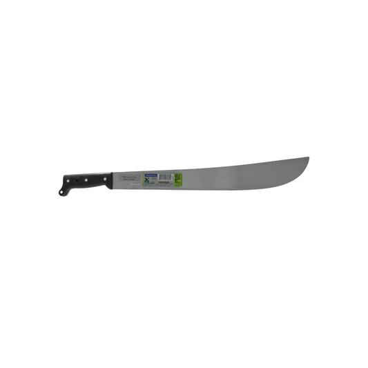 Machete Tramontina con mango de polipropileno negro y hoja de acero para limpieza de maleza y agricultura.