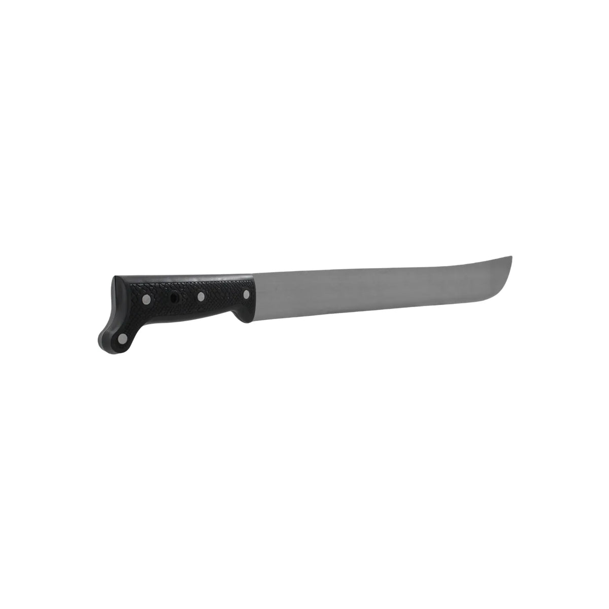 Machete de hoja recta en acero con mango negro ergonómico remachado para desmalezado y limpieza de terrenos.