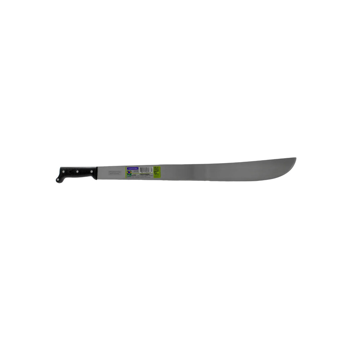 Machete Tramontina con hoja de acero y mango de polipropileno negro para desmalezar y agricultura.