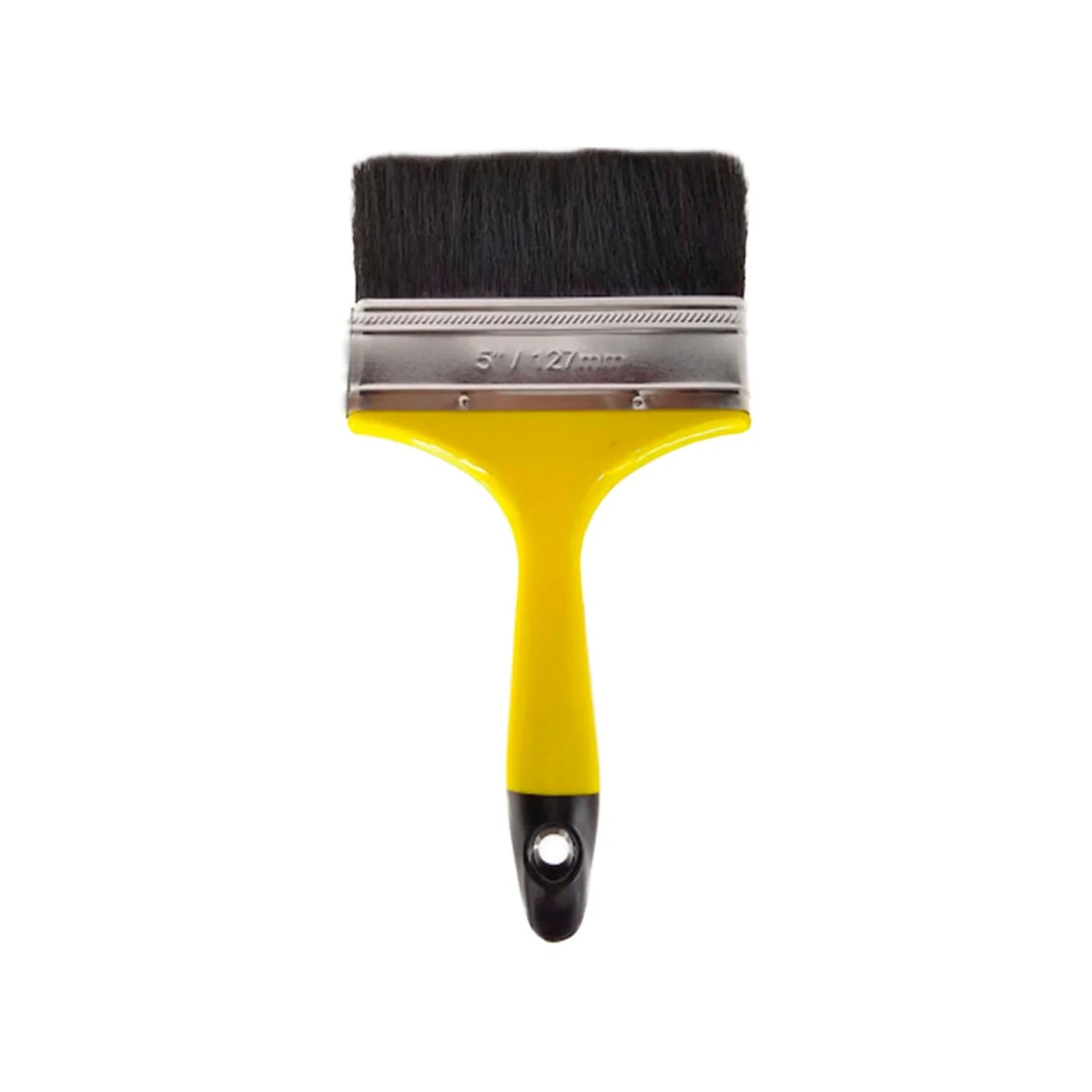Brocha plana de 5 pulgadas (127mm) con cerdas negras y mango ergonómico amarillo para pintar.