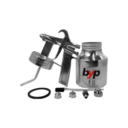 Pistola para pintar baja presión BYP, cromada, con copa metálica, boquillas y kit de limpieza