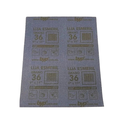 Lija de esmeril Byp grano 36, 9x11 pulgadas, azul para lijado grueso de superficies.
