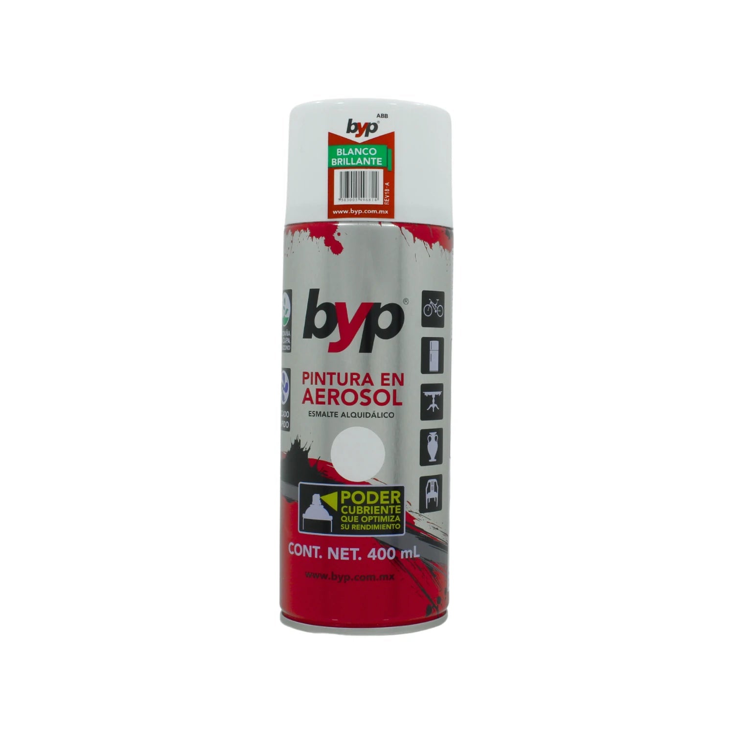 Pintura en aerosol Byp blanco brillante 400ml, acabado duradero y excelente cobertura multiusos