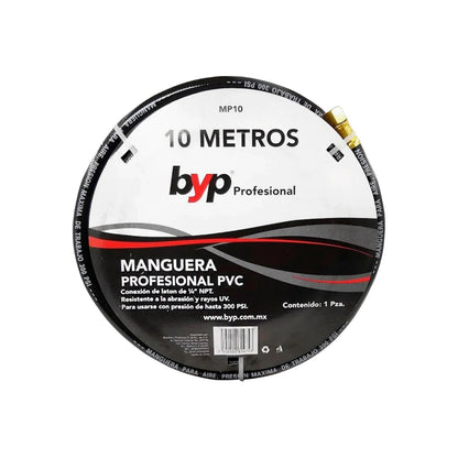 Manguera de aire profesional Byp MP10 PVC negra 10m, 1/4 NPT, 300 PSI, resistente a abrasión y UV.