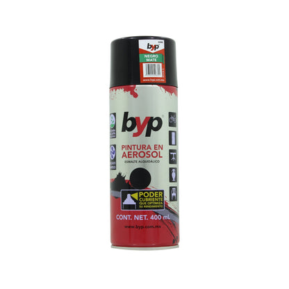 BYP pintura en aerosol negro mate 400 ml, esmalte alquidálico multiusos, secado rápido y alto cubrimiento