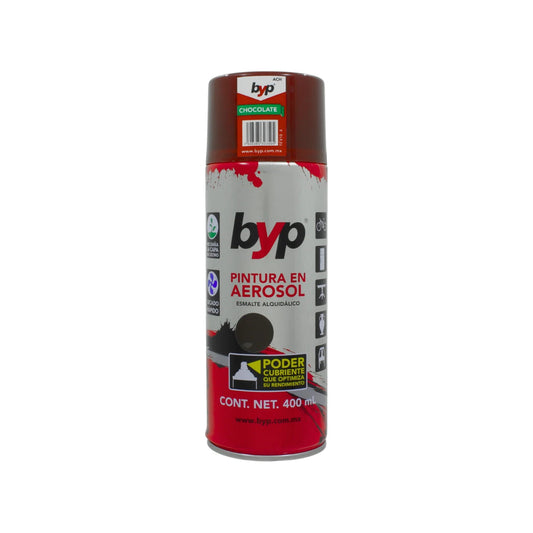 Pintura en aerosol BYP color chocolate 400ml, esmalte alquidálico de secado rápido para metal, madera y más.