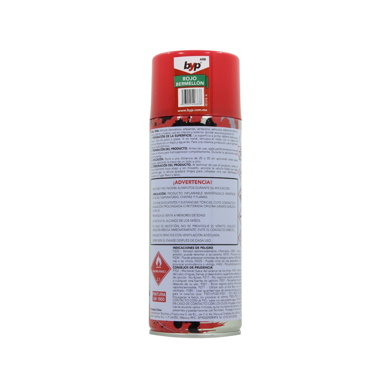 Pintura en aerosol BYP rojo bermellón para acabados decorativos y protección en superficies de ferretería