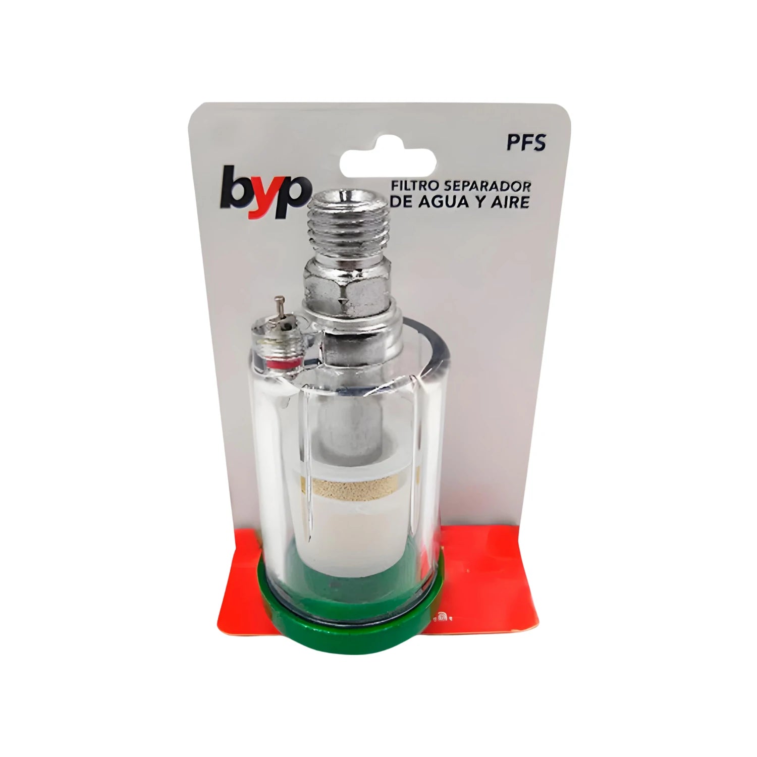 Filtro separador de agua y aire Byp PFS para compresor, conexión 1/4", carcasa transparente con base verde.